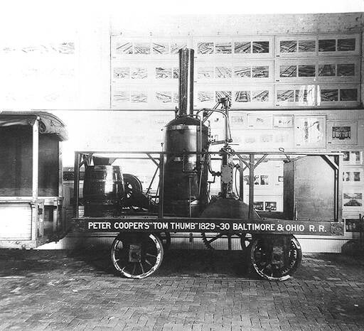  A replica of the Tom Thumb, the first American-built locomotive designed by Peter Cooper, shown in 1927.