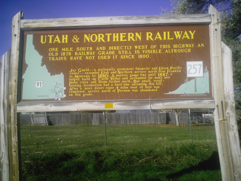Roadside marker noting route of Utah and Northern Railway