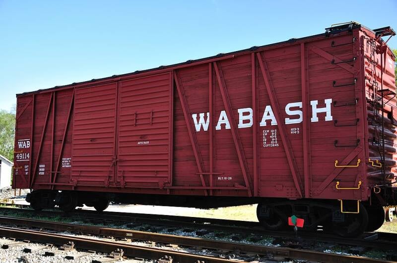 This wooden box car, owned by the Wabash Railroad, was built in the 1920s and assigned to the Studebaker plant in South Bend, Indiana.