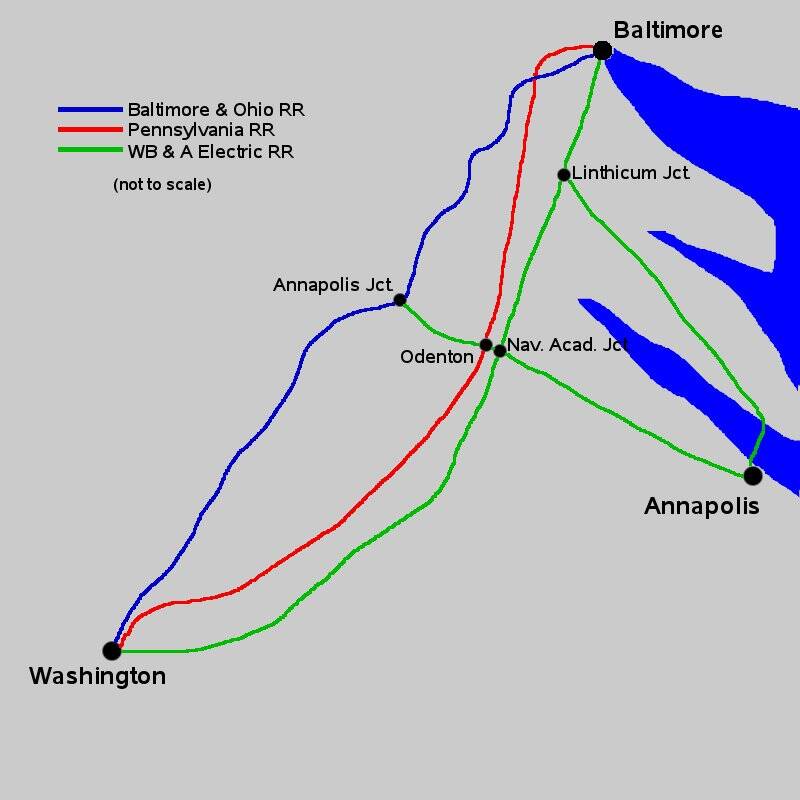 Washington, Baltimore and Annapolis Railroad line map.