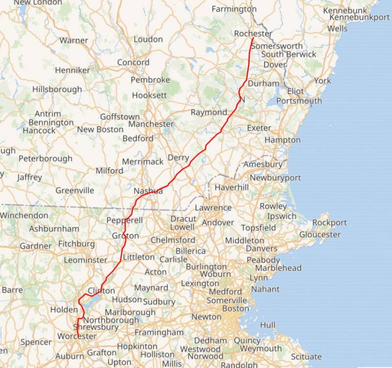 Map of the Worcester, Nashua and Rochester Railroad.