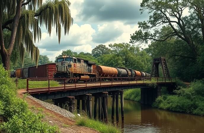 a freight train on a trestle over a river