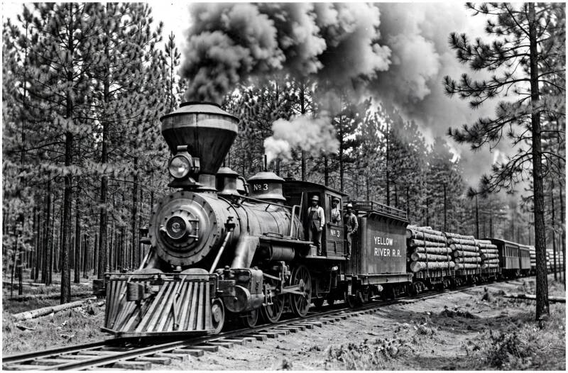 A 4-4-0 logging locomotive pulling a log train.
