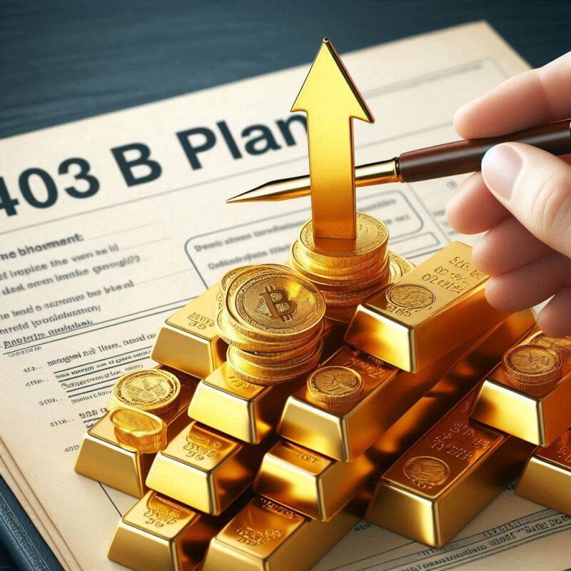 A hand holding a 403(b) plan statement with a golden arrow pointing towards a stack of gold bars.