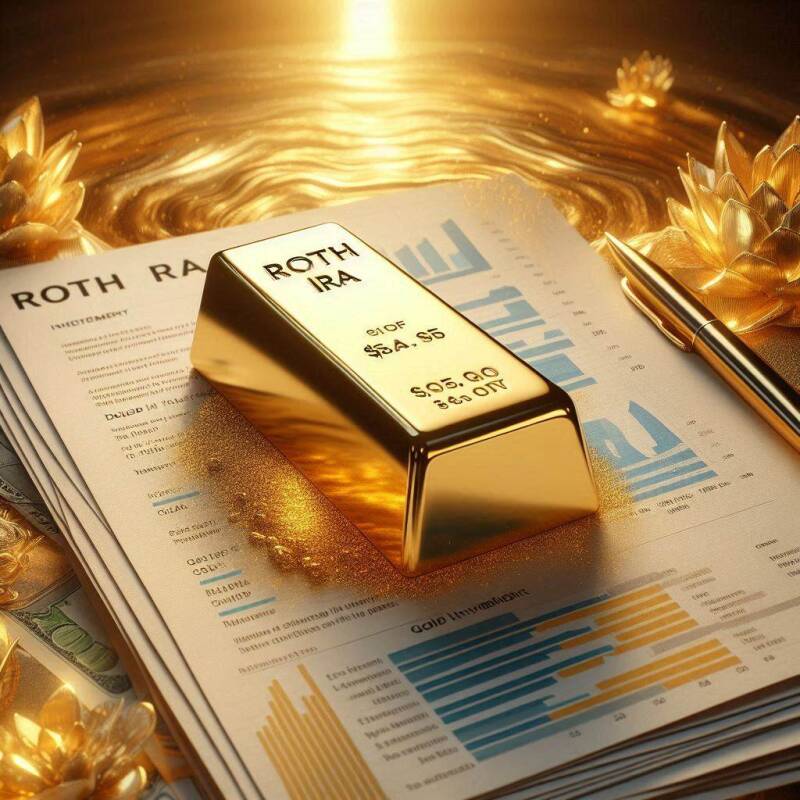 A gleaming gold bar sits atop a stack of Roth IRA paperwork, symbolizing the potential for a secure financial future through investing in a gold IRA with your Roth IRA