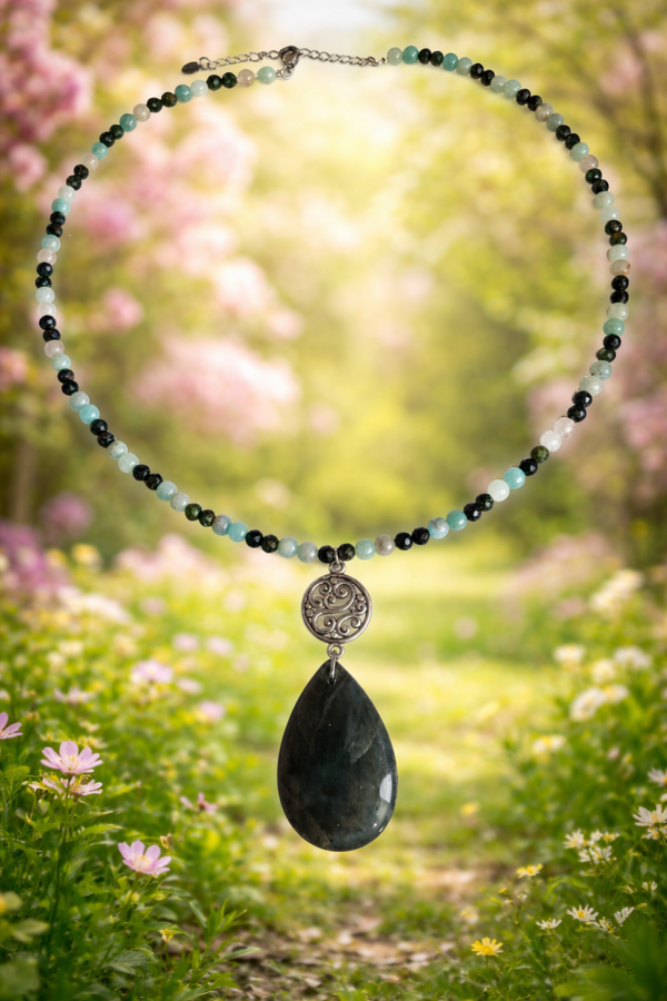 Ras de cou Labradorite, Amazonite du Pérou et Séraphinite 40+5cm
