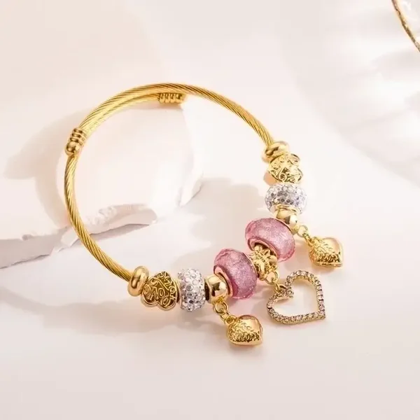 Heart Charms Bracelets Gold With Pink