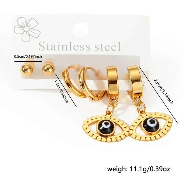 Triple Set Of Black Eyes Gold Earrings