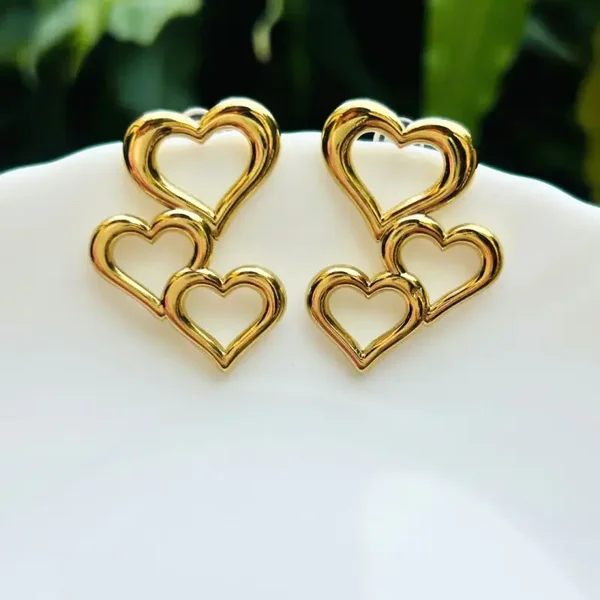 Triple Hearts Gold Earrings