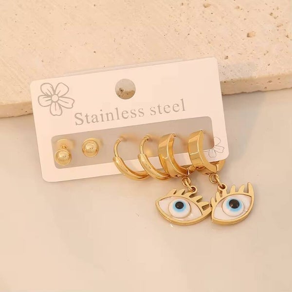 Set Of Triple White Eyes Earrings