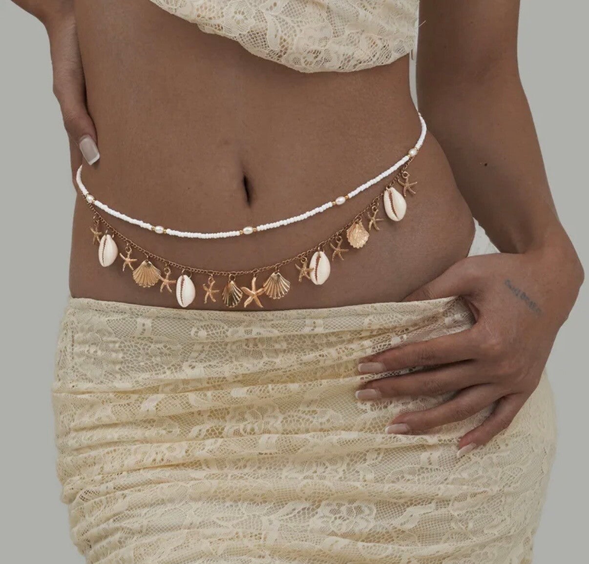 Double Pearl Shell & Starfish Gold Belly Chain