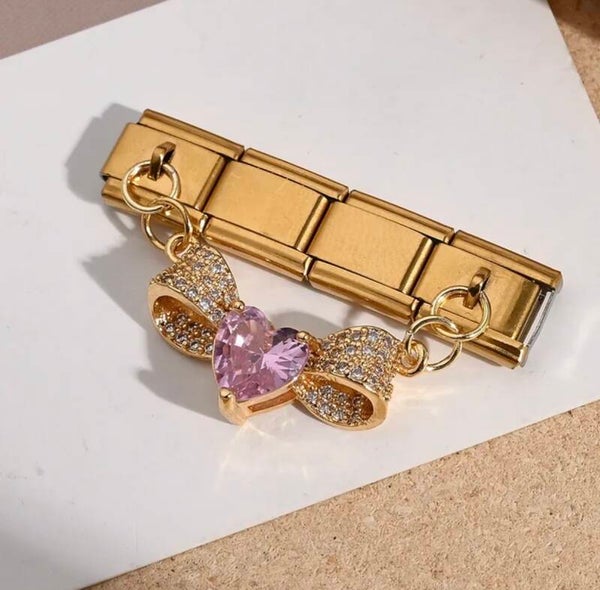 Double Pink Bow & Heart Gold Charm