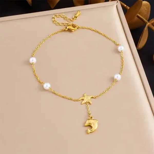 Pearl Dolphin Chain Gold Anklet