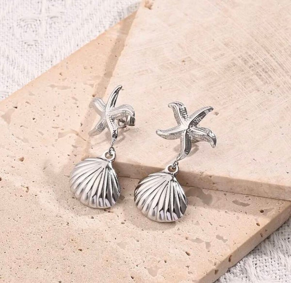 Starfish & Shell Silver Earrings