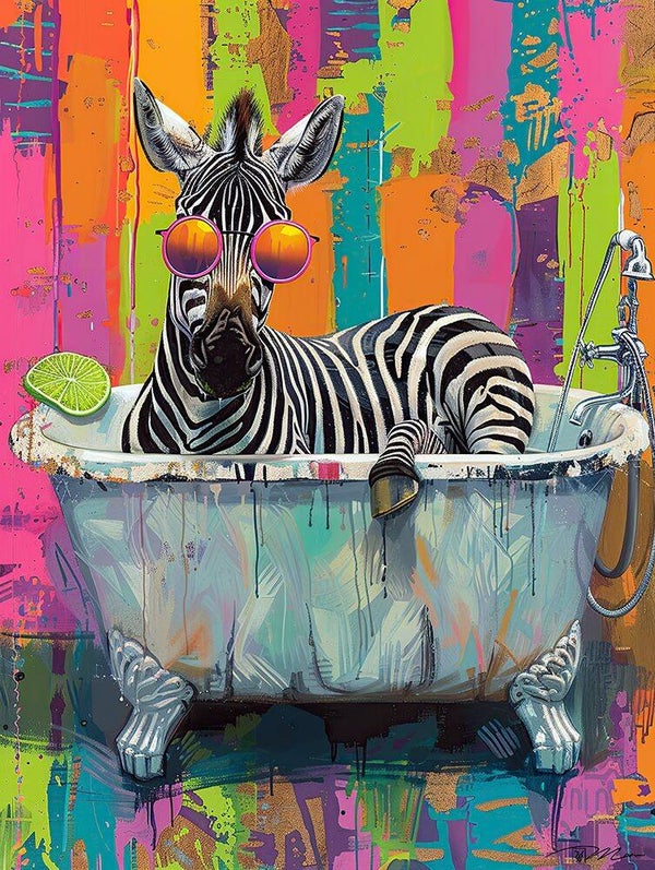 Zebra in the Bath Tub with Glasses by Momart