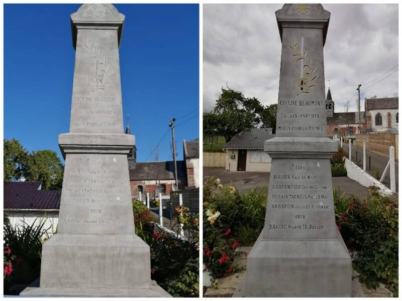 Aerogommage de la facade de ce monument aux morts avec rechampissage des gravure et motifs sur demande de la commune de Colline-Beaumont