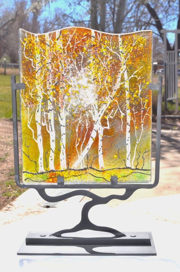 Fused Glass Aspen trees panel on a stand.