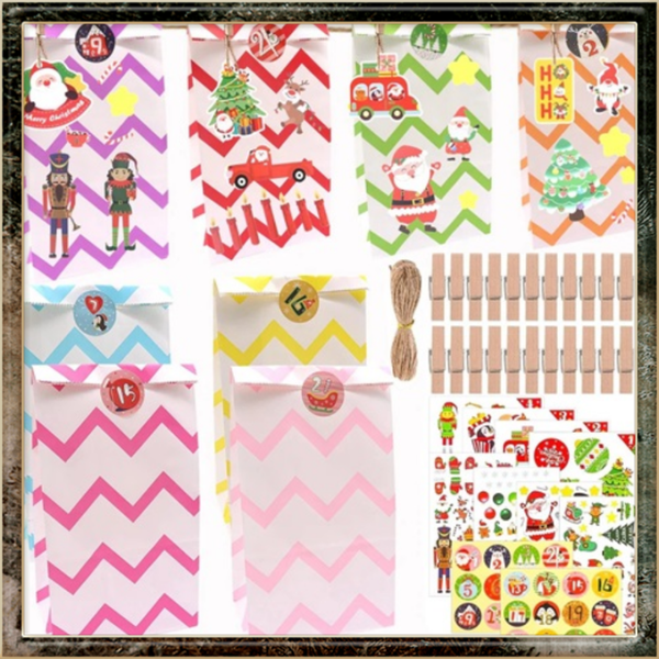 24-pack bruine papieren zakken 13 x 24 x 8 cm met adventskalender stickers