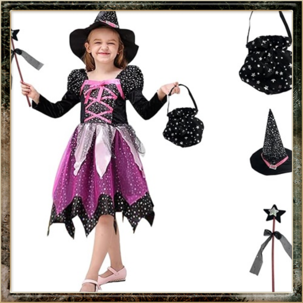 Kostuum voor kinderen, met heksenhoed, toverstaf, voor carnaval