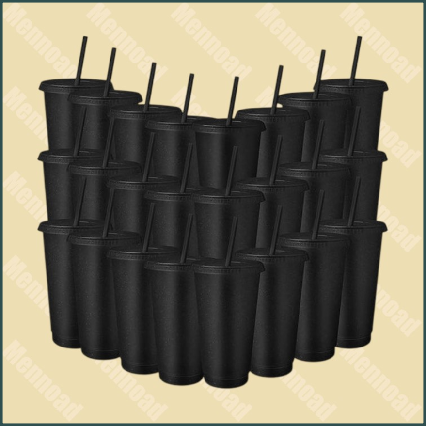10 Hergebruikbare hard plastic bekers 710ml met deksels en rietjes - Zwart
