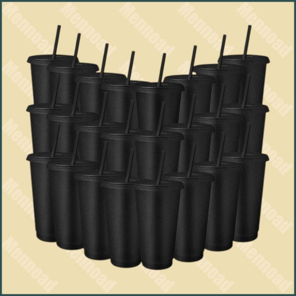 10 Hergebruikbare hard plastic bekers 710ml met deksels en rietjes - Zwart