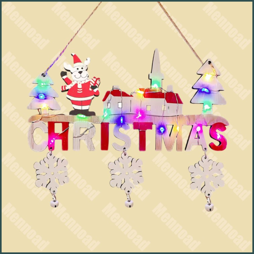 Kersthang decoratie, houten met kerst belettering en LED-lichtjes