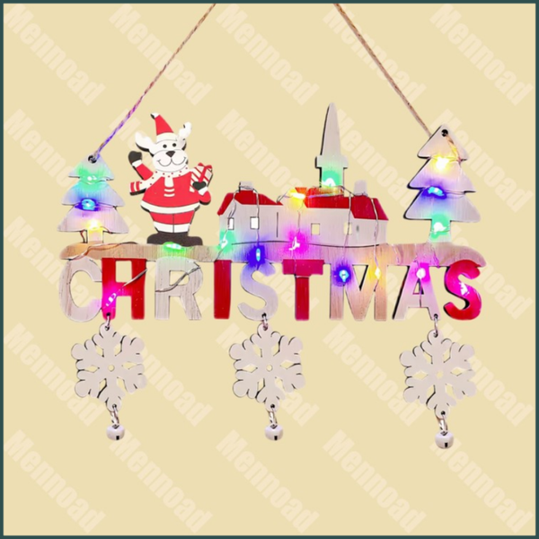 Kersthang decoratie, houten met kerst belettering en LED-lichtjes