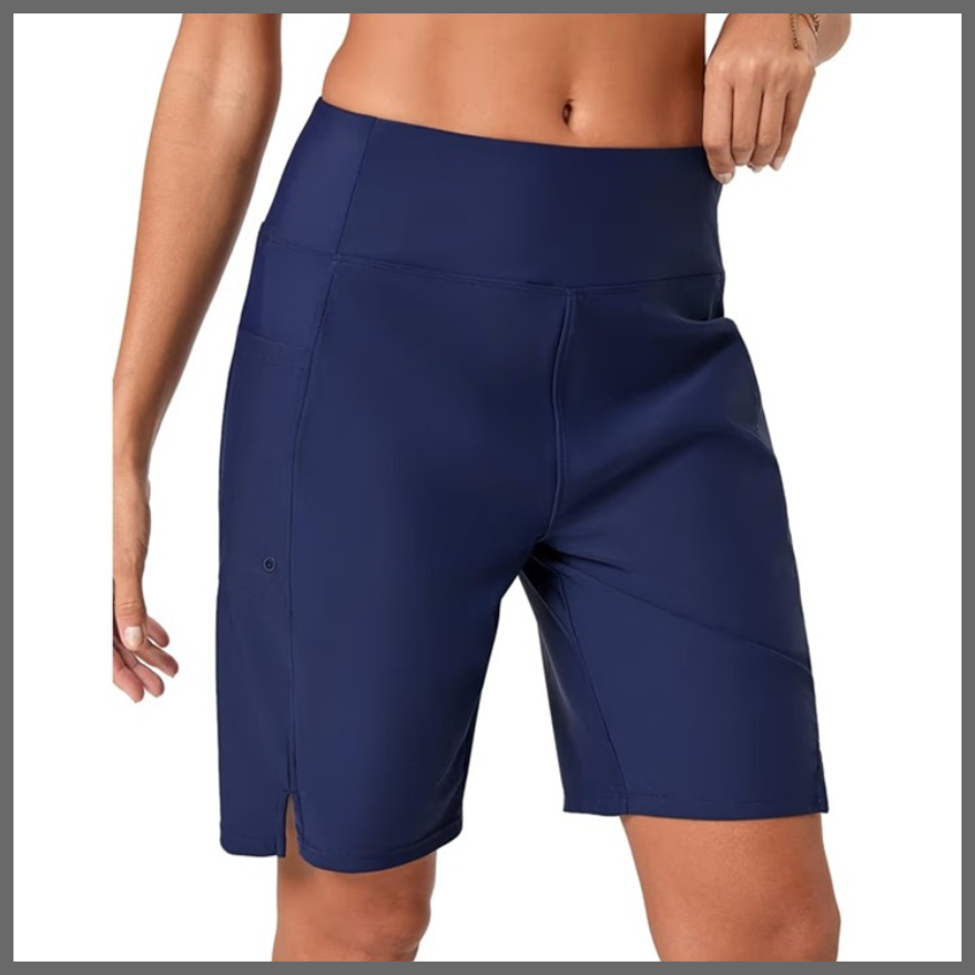Dames Zwemshorts Hoge Taille Sneldrogend met Zakken Marine blauw