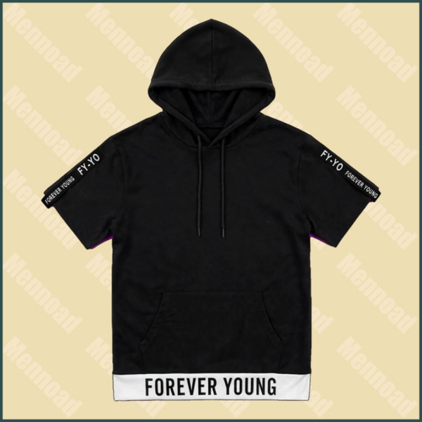 Forever Young Hoodie met zakken en korte mouwen, Zwart