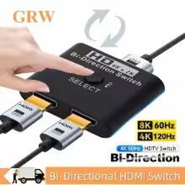 8K HDMI 2.1 Bi-Directional Switch Splitter | 2-In-1-Out & 1-In-2-Out HDMI Switch for PS5, Xbox, TV & Projector