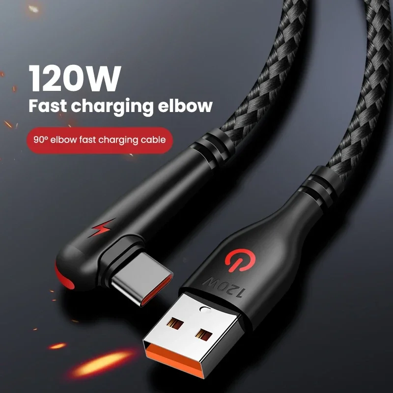120W USB to USB-C Fast Charging Cable | 90° Elbow Type-C Charging Cord for Huawei, Samsung & Xiaomi