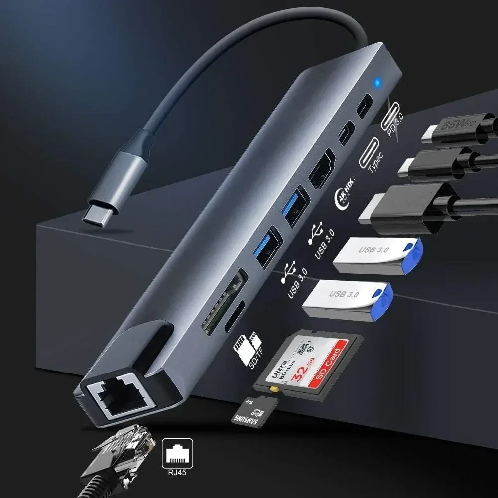 USB-C Multiport Hub Adapter for Laptop & PC | HDMI, RJ45 Ethernet, USB 3.0, PD Charging, TF/SD Card Reader
