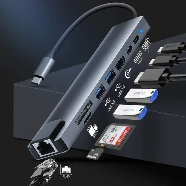 USB-C Multiport Hub Adapter for Laptop & PC | HDMI, RJ45 Ethernet, USB 3.0, PD Charging, TF/SD Card Reader