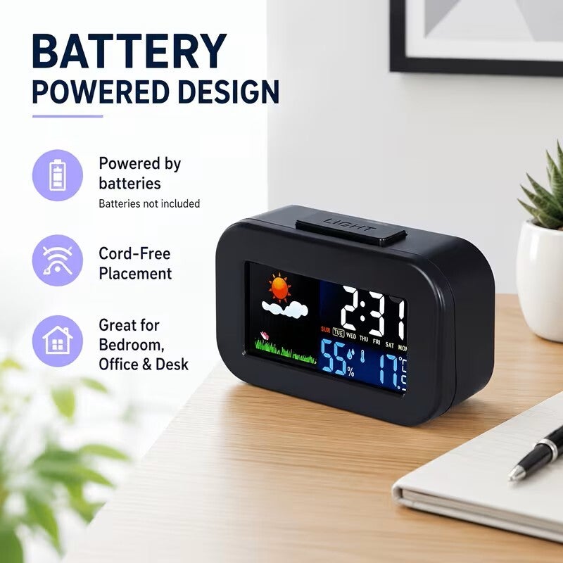 Digital Weather Alarm Clock with Colour Screen, Indoor Temperature & Humidity Display, Weather Forecast Icons, Snooze Function, Bedside Desk Clock
