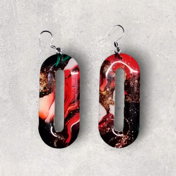 Boucles d'oreilles "Magma Abstrait" – Bois, Effet Marbré Rouge & Noir et Résine UV