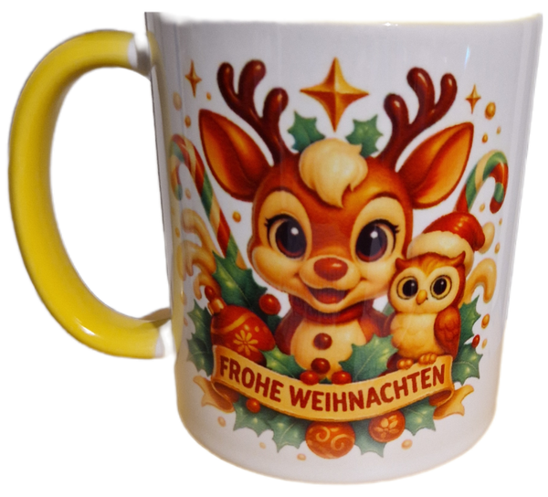 Weihnachtstasse, Rentier mit Eule, personalisierbar
