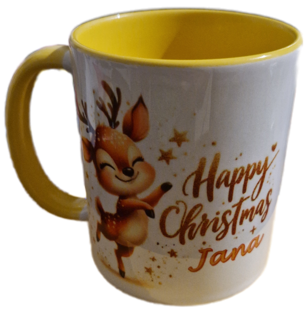 Weihnachtstasse Rentier Happy Christmas, personalisierbar