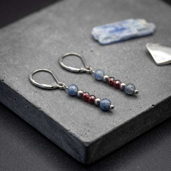 Blue Jade and Garnet Drop Earrings
