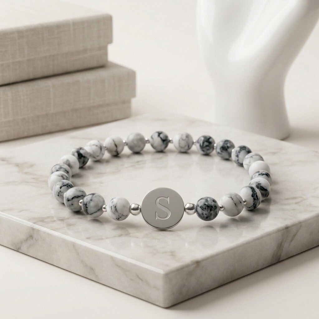 Tree Agate Bracelet with Customized Letter Connector Charm