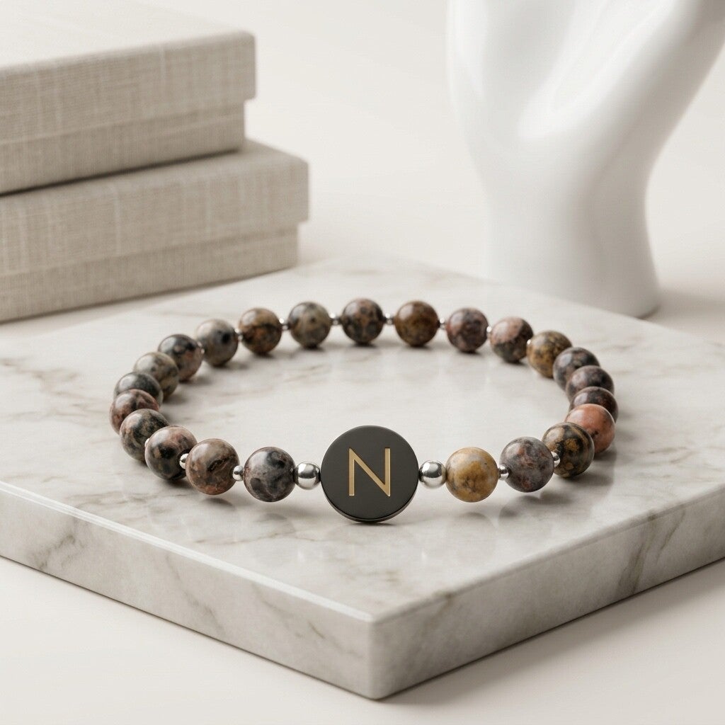 Red Leopard Skin Jasper Bracelet with Customized Letter Connector Charm