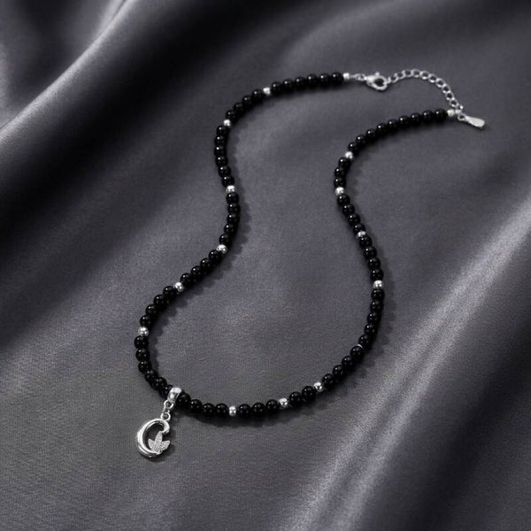 Personalized Onyx & Silver Necklace with Crystal & Platinum Letter Charm