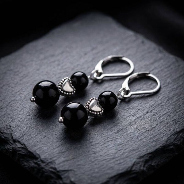 Black Onyx Heart Drop Earrings