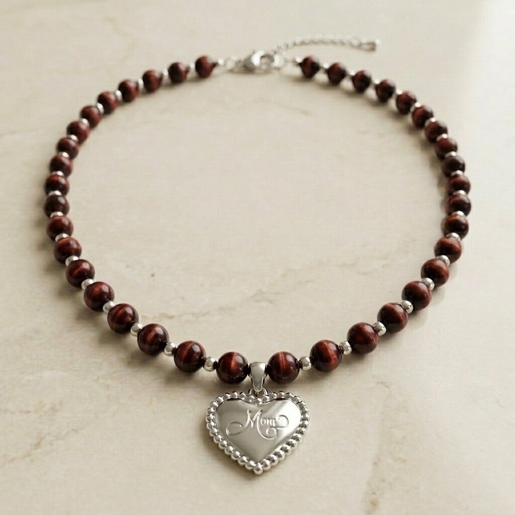 Mom's Heart Red Tiger Eye Beaded Necklace