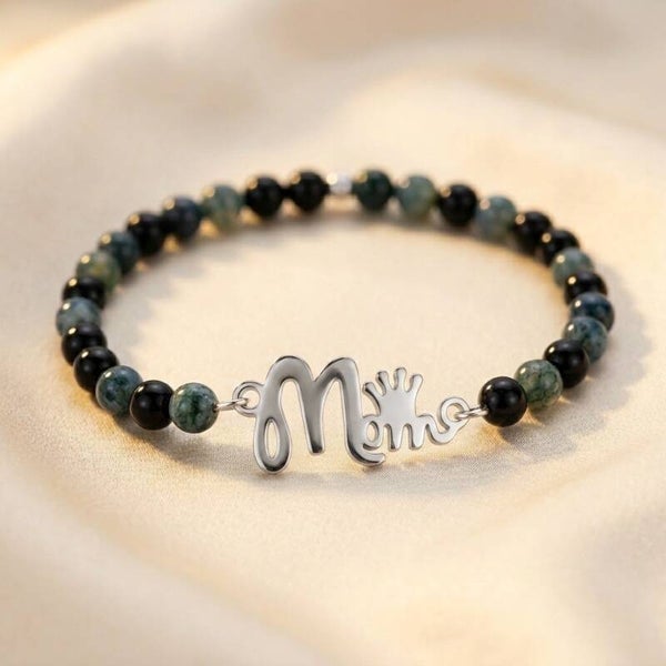 Mother's Day Moss Agate Bracelet with "Mom" Crown Connector Charm