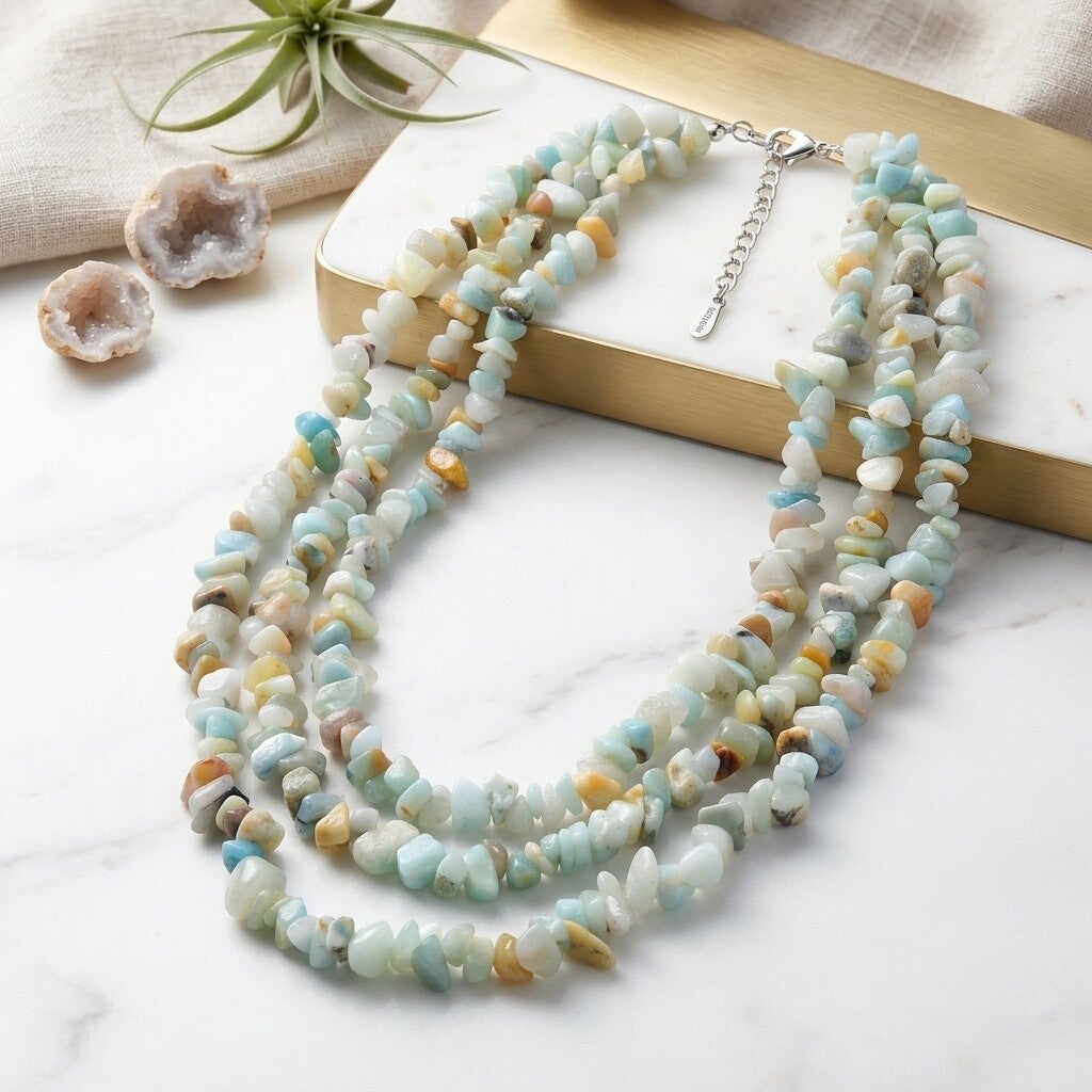 Triple Strand Amazonite Stone Chip Necklace