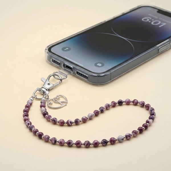 Heart Ocean White Jade Beaded Cell Phone Wrist Strap