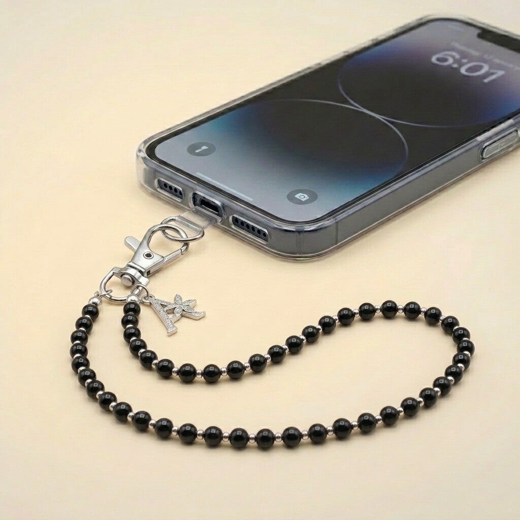 Personalized Black Onyx Beaded Cell Phone Wrist Strap