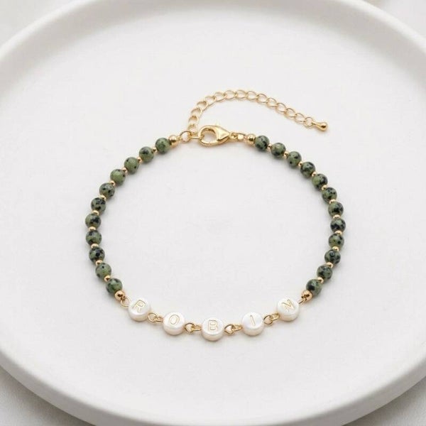 Personalized 18ct Gold & Shell Green Jasper Anklet