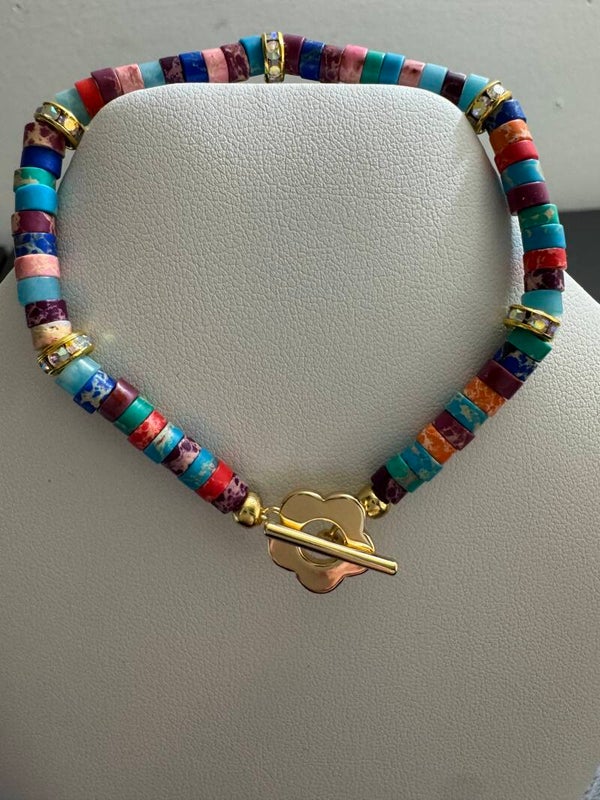 Bracelet multicolor heishi jasper beads , cz spacer beads