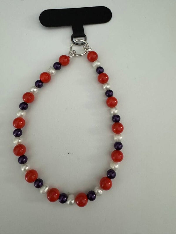 Phone wrist  chain purple, orange, pearl beads